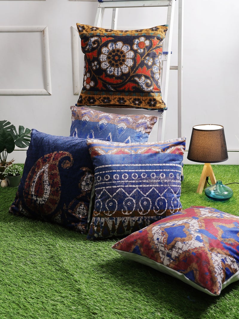 Ethnic Motifs Velvet Cushion Covers Set of 5 - Blue